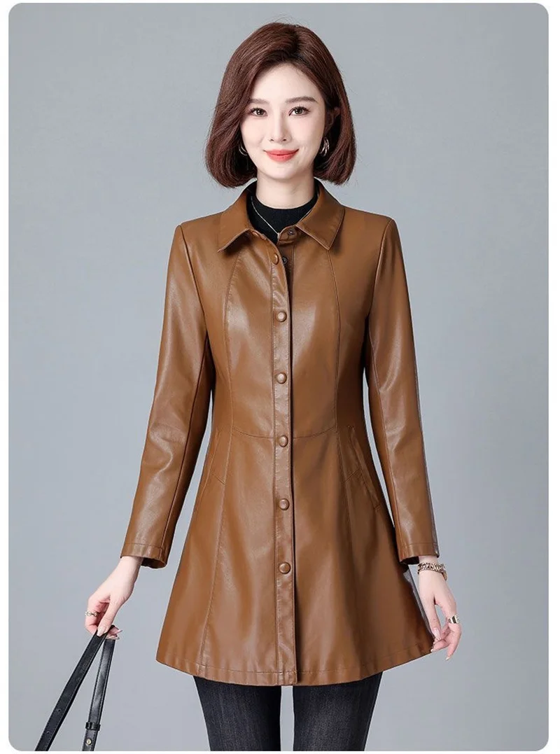 여성 가죽 양피 트렌치 코트 가을 겨울 패션 턴 다운 칼라 버튼 슬림 중간 길이 가죽 자켓 스플릿 가죽
