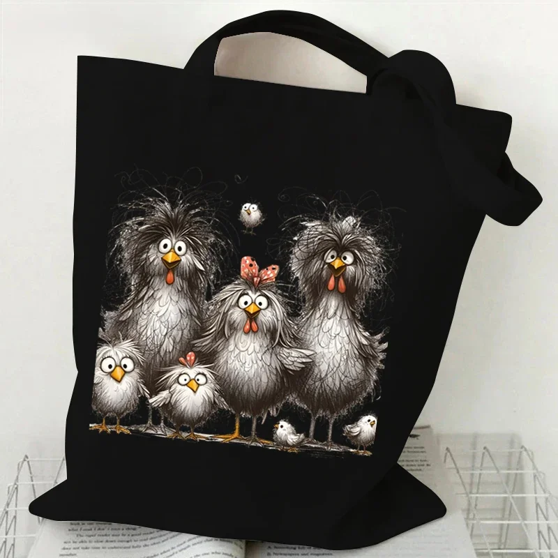 กระเป๋าผ้าใบลายแมวและไก่สุดฮาสำหรับผู้หญิงกระเป๋านักช้อปกระเป๋าถือใช้ซ้ำได้ลายการ์ตูน tas Jinjing bahu สัตว์อะนิเมะ