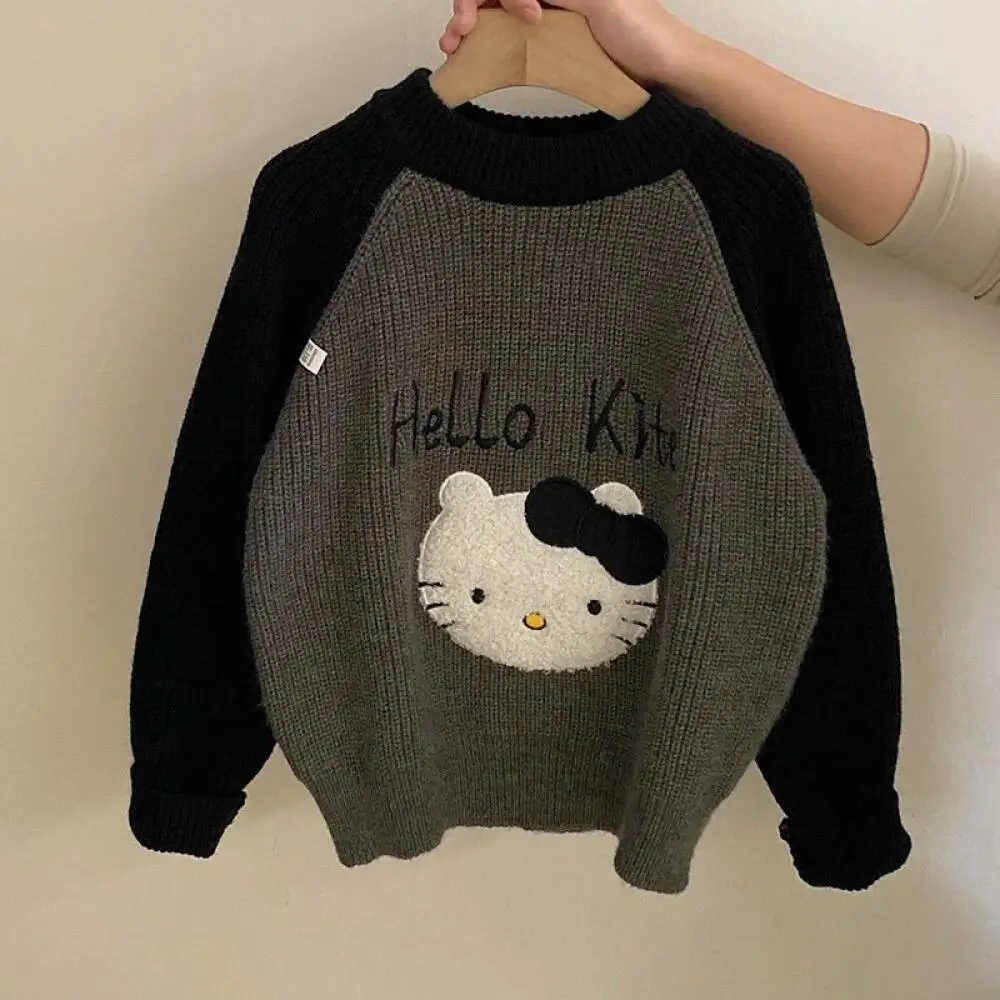 طقم شتوي للفتيات من سانريو هالو كيتي سترة محبوكة سميكة كورية جديدة وسراويل جلدية شتوية مخملية طقم مكون من قطعتين عصري رائع #3