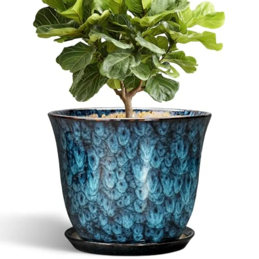 

Ceramic Plant Pots - 12 Inch Indoor Outdoor Large Round Planter with Drainage Hole and Saucer, Modern Blue Decorative Flower Po