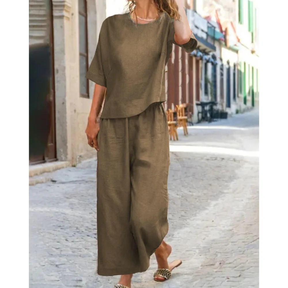 Women\'s Casual Loose Round Neck Top And Wide Leg Pants Two-piece Set 2024 Summer Solid Color Short Sleeved Blouse Trouser Outfit