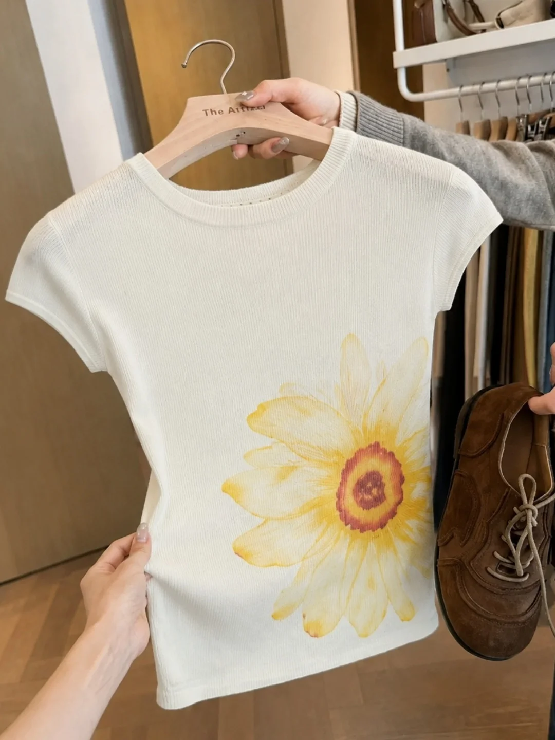 Color Block Printed Slim Fit Ice Silk Knitted Top Korean Style round Neck Short Sleeve Women's Fashionable Youthful Shirt