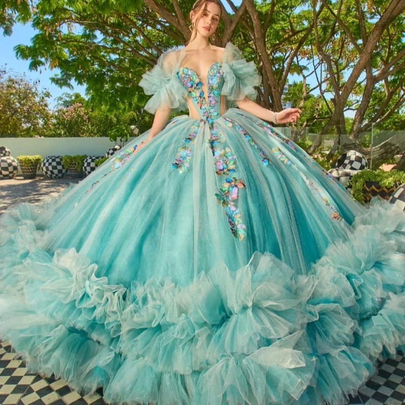 

Aqua Blue Shiny Quinceanera Dresses Off Shoulder Ball Gown Sweet 16 Dress Applique Beading Crystal Tiered Tull Birthday Party