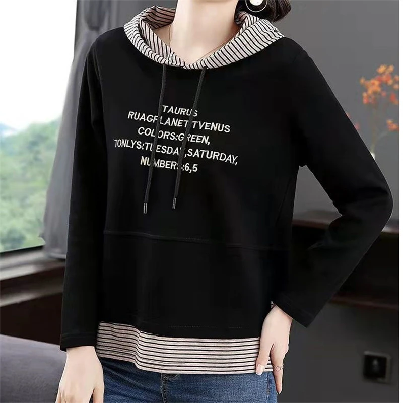 Women Korean Style Letter Print Striped Patchwork Hooded Sweatshirts Casual Streetwear Drawstring Hoodies Long Sleeve Loose Tops