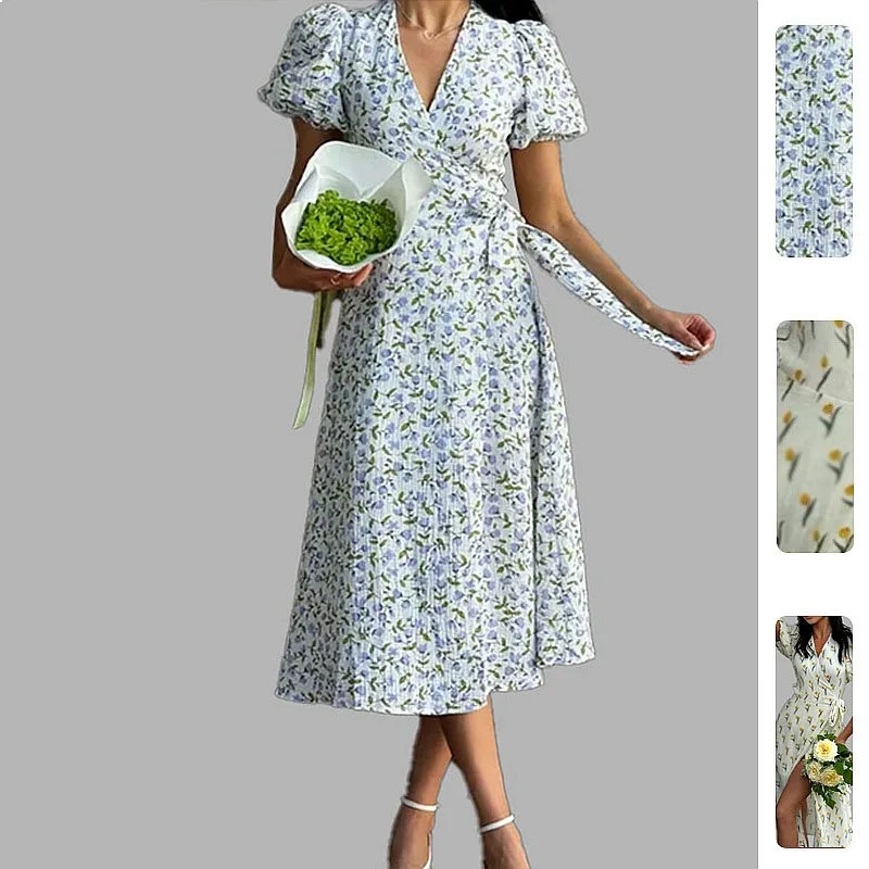 Floral Print Dress Summer Puff Sleeve Slim Waist Long Dresses Women Casual Beach Vacation Party Elegant Vestidos