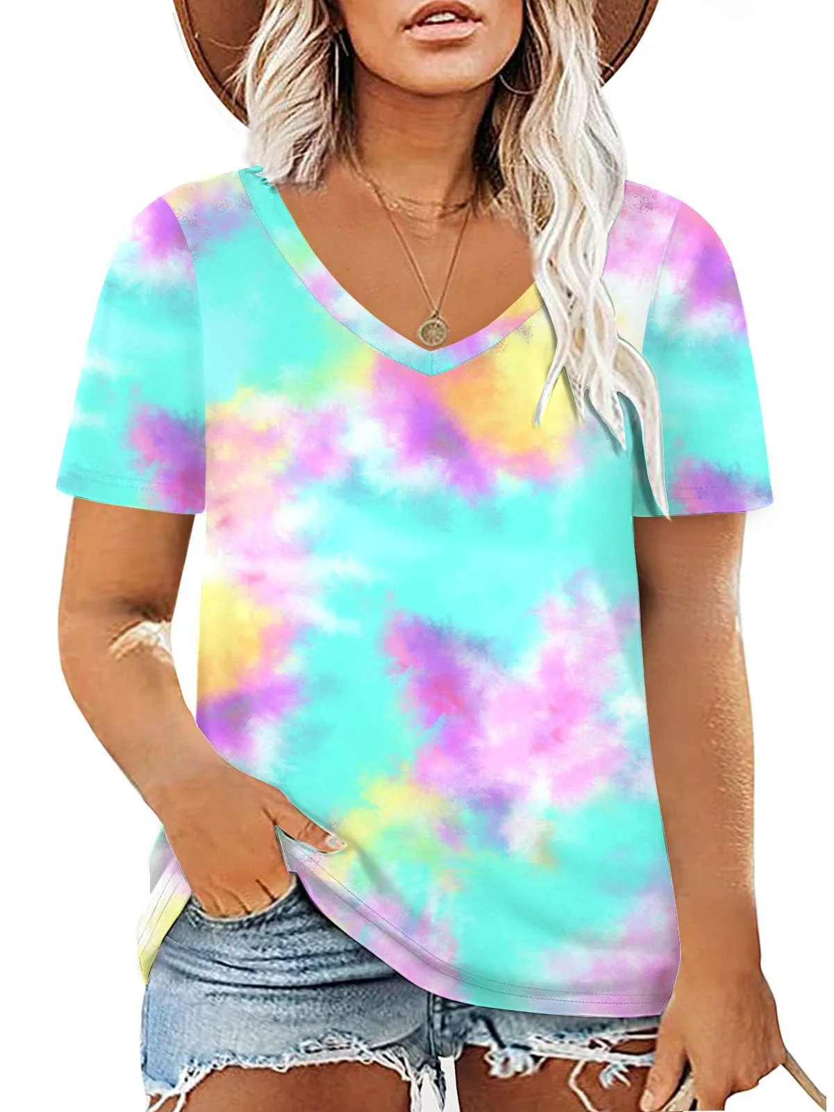 Summer Fashion Tie Dye 3D Print T-shirt Women Streetwear Casual T Shirts Y2k Tops Woman Harajuku V-Neck Tees Oversized Clothing