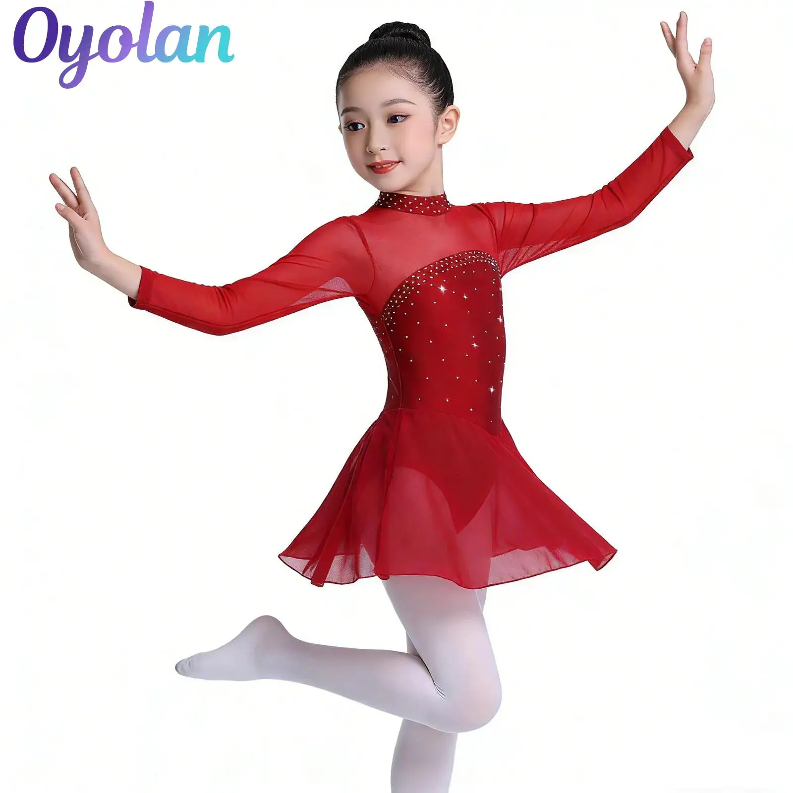 

Детский балетный костюм для девочек, лирический танцевальный костюм, блестящий костюм с блестками и прозрачной сеткой, гимнастический костюм с длинными рукавами, платье для фигурного катания