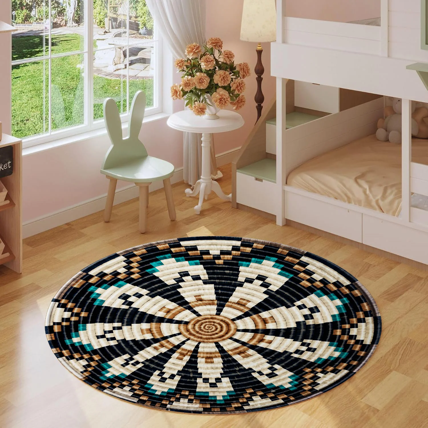 Boho Geometric Round Rug, Southwestern Aztec Pattern Non-Slip Floor Mat, Tribal Mandala Circle Carpet for Entryway