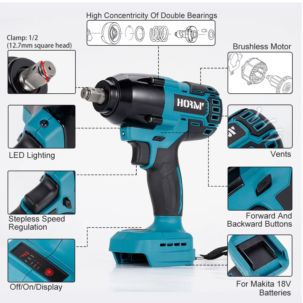 Hormy Brushless Electric Impact Wrench 1/2 inch 600N.m Cordless Hand Drill Without Battery Repair Power Tool For Makita 18V