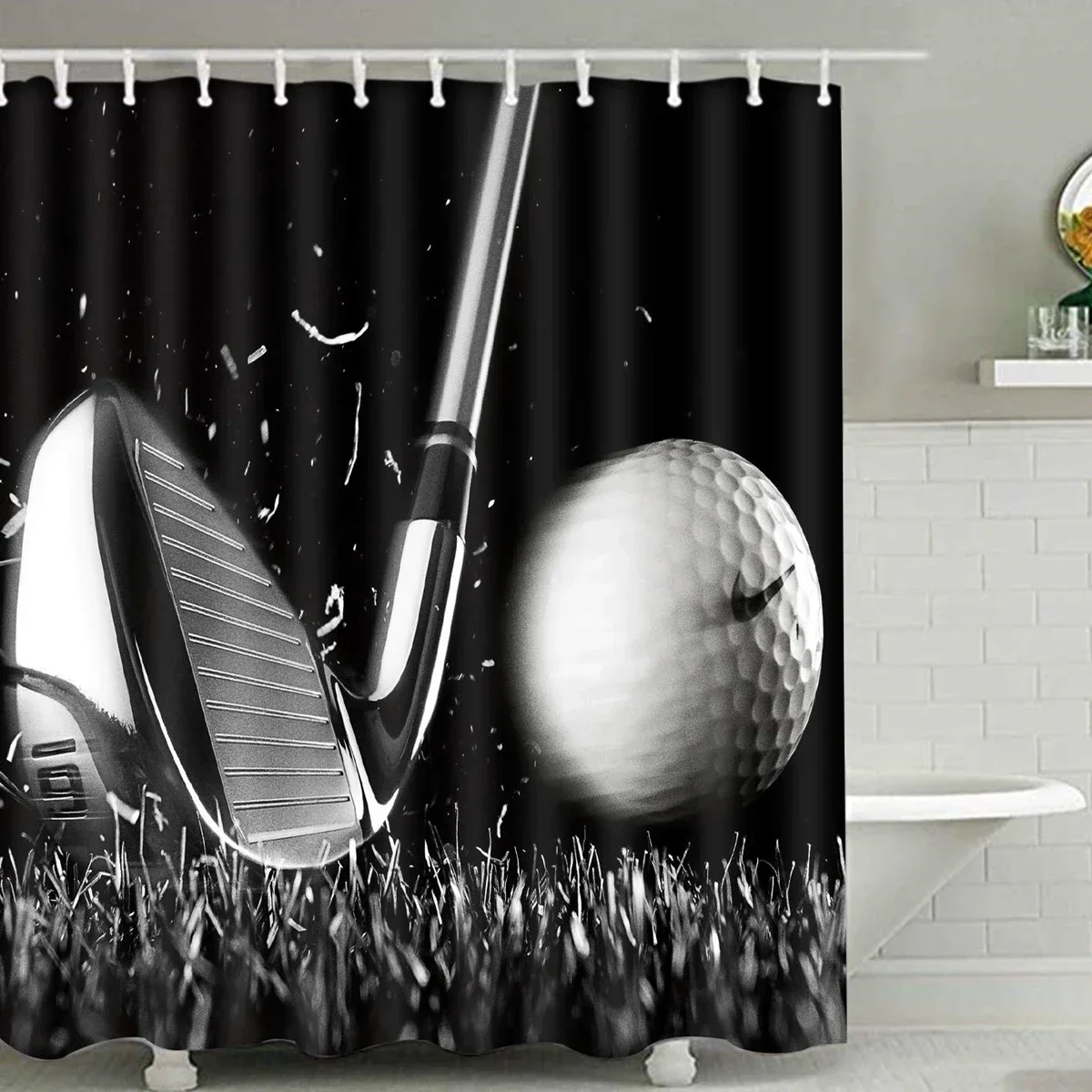 Golf Course Wall Decor Black＆White Shower Curtain Golfing Paintings Golf Ball Artwork Sports Art Curtain for Bathroom,Waterproof