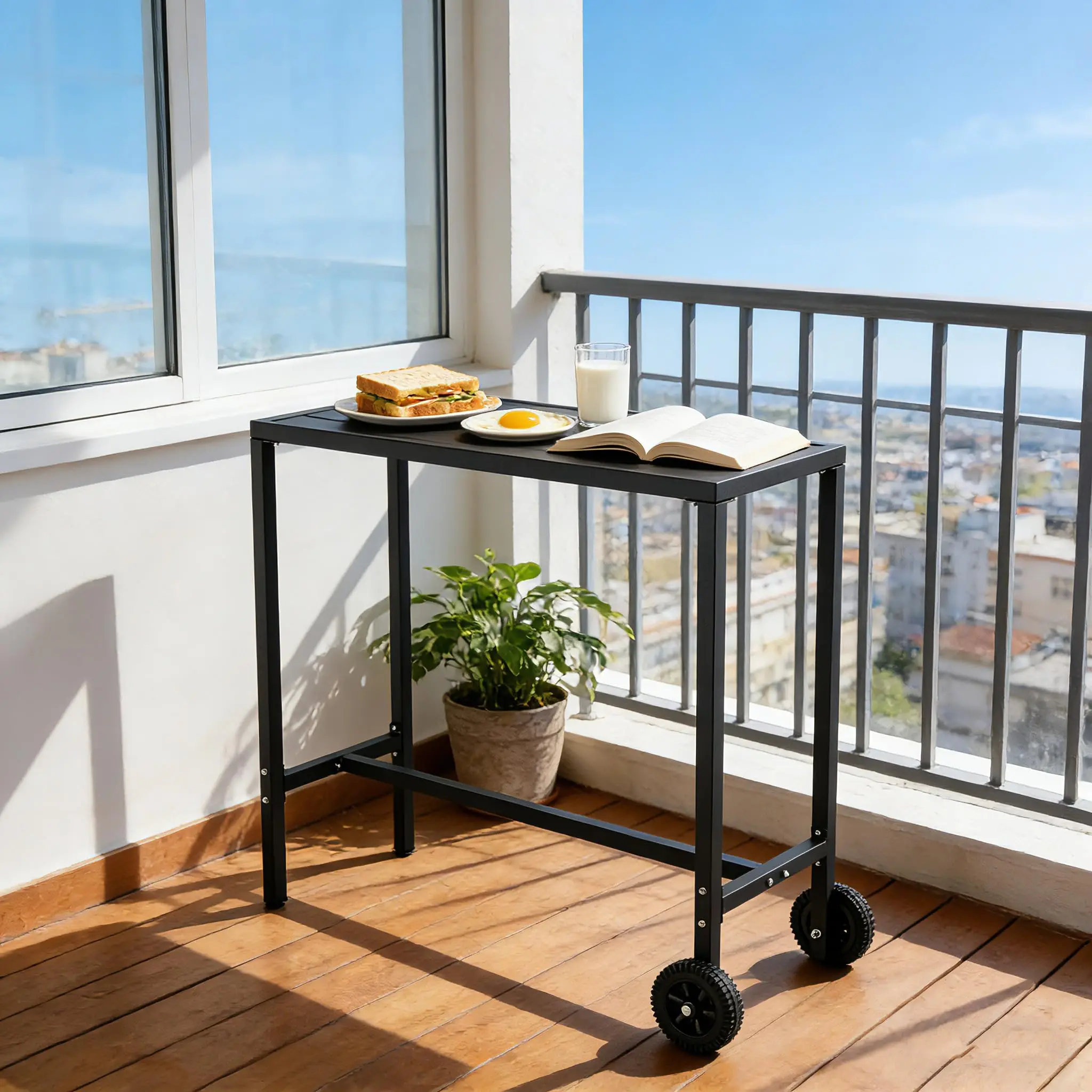 

39 Inch Rolling Bar Table with Wheels & Adjustable Feet - Waterproof Metal Top, Sturdy Black Frame Counter Height Table