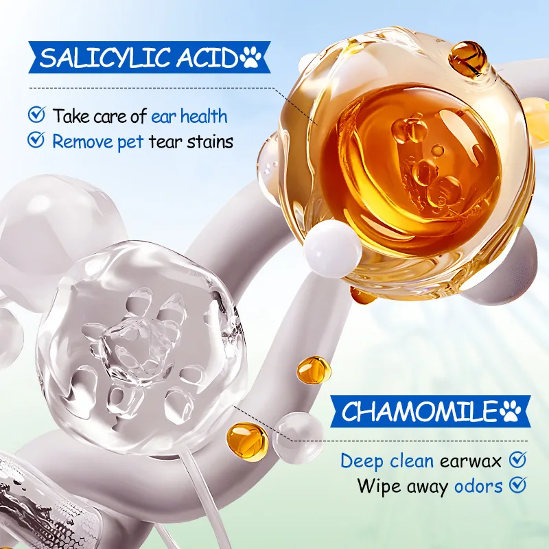 مناديل مبللة قطنية لتنظيف أذن الحيوانات الأليفة تزيل عث أذن القطط، وتخفف الحكة، وتمنع البكتيريا، وبقع المسيل للدموع في القطط والكلاب. وسادات قطنية للأذن