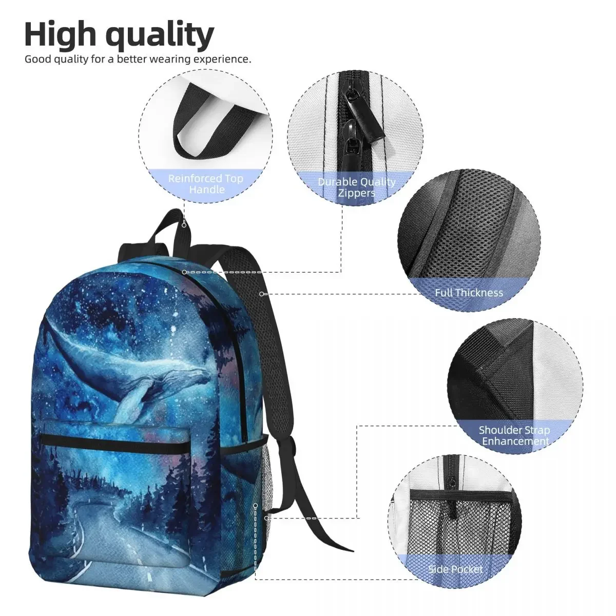 Blue Whale In The Sky Watercolor Art Backpack Daypack Large Capacity Boys Girls BookBag School Bag Shoulder Bags for Men Women