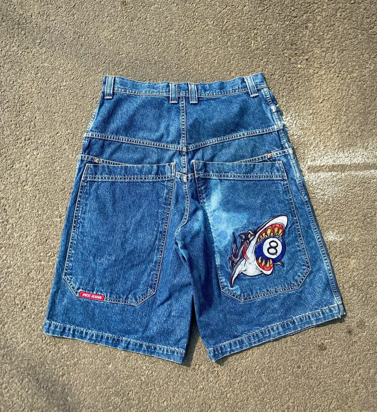 

Hip Hop Shark Streetwear JNCO Shorts Y2K Graphic Retro Blue Baggy Denim Gym Shorts Pants High Waist Mens Basketball Shorts