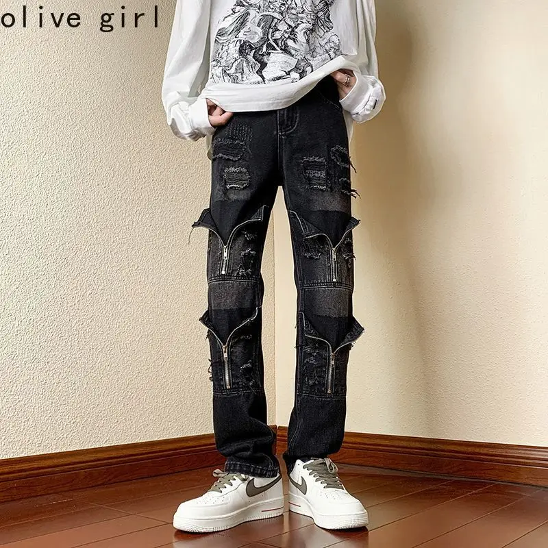 American Vibe Pants Niche Design Micro Flared Ripped Jeans That Look Taller and Slimmer Zippered Straight Leg Work Pants