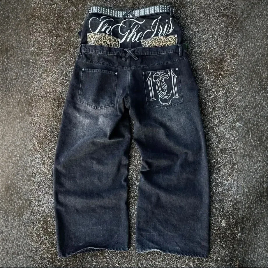Unisex Y2K Baggy Wide Jeans Vintage Trousers Gothic Letter Patch Pockets Street Hip Hop Skater Oversized Loose Denim Streetwear