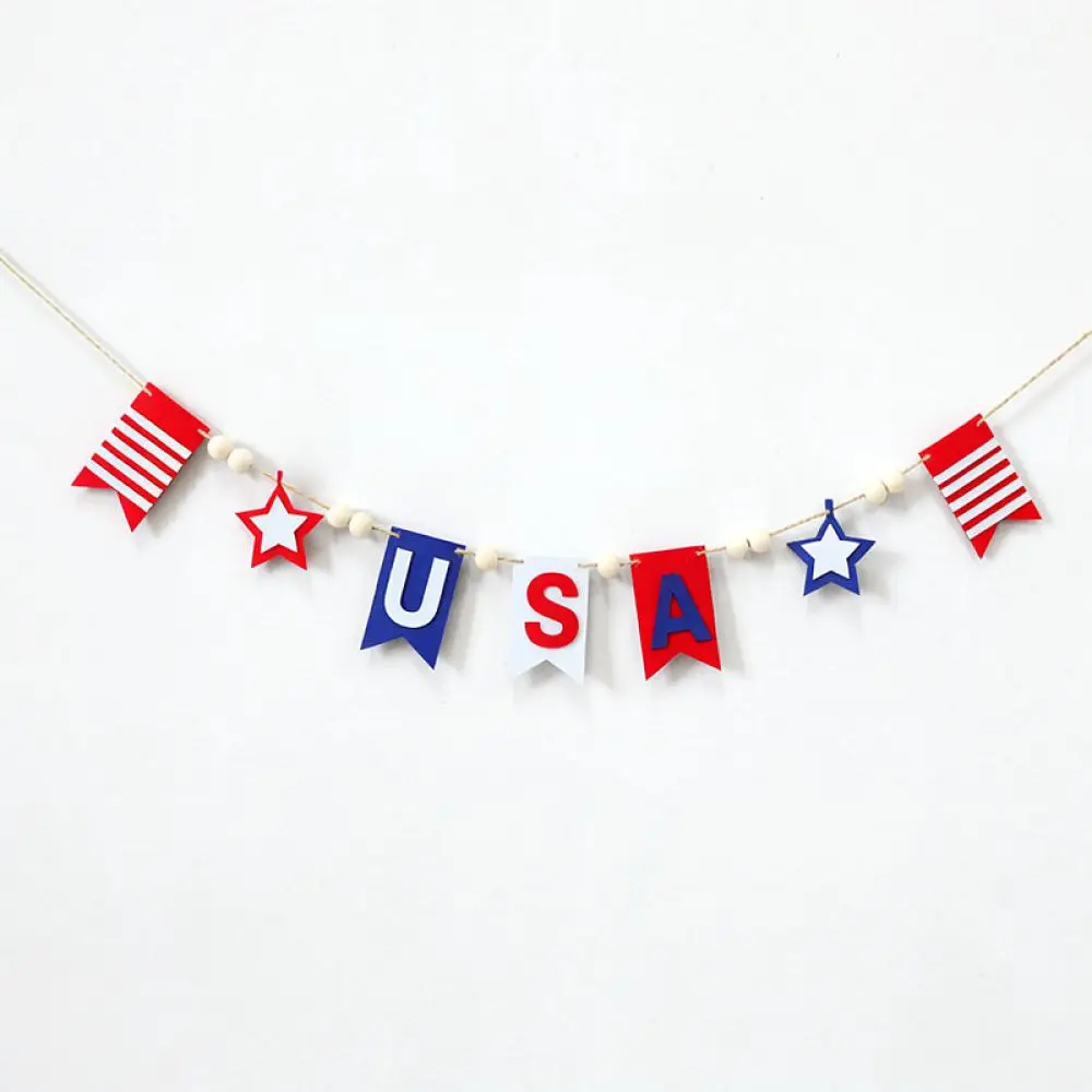 Red White Blue USA Felt Banner Wooden Beads Garland Patriotic Hanging Decoration For Day Party Home Decor