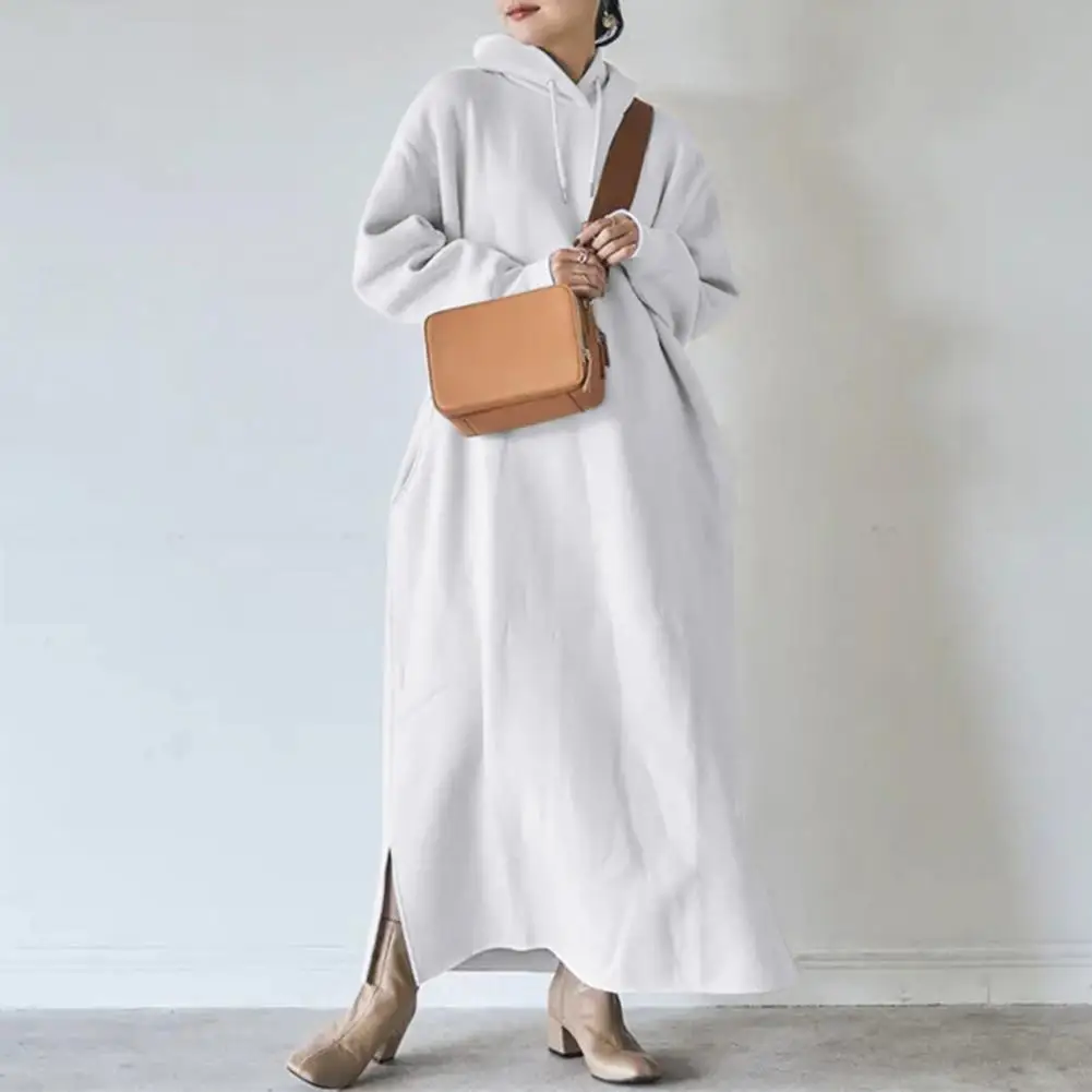 

Drawstring Long Sleeve Side Split Hem Thickened Fleece Lining Sweatshirt Dress Spring Solid Color Oversized Hooded Maxi Dress