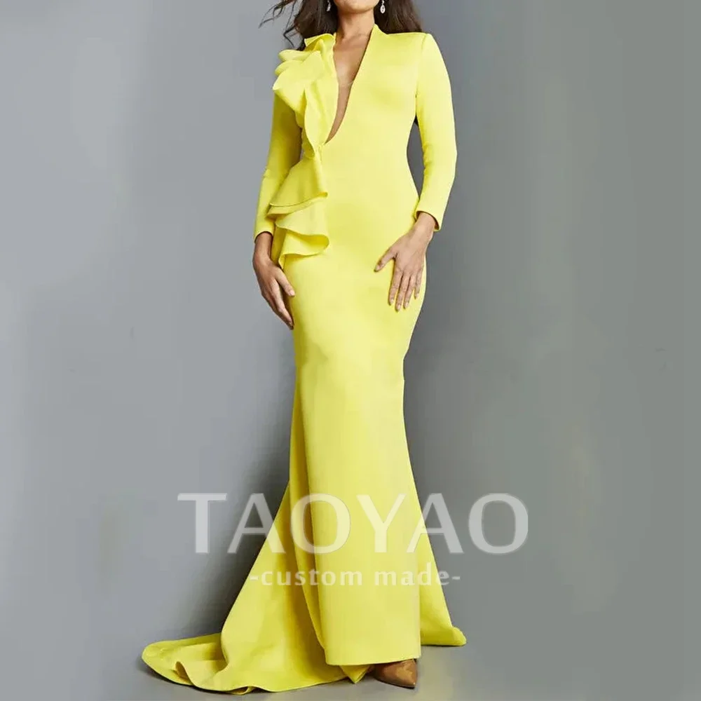 Yellow Satin Mermaid Floor Length Evening Dress V-Neck and Long Sleeves with Ruffles Custom Made For Women Banquet Gowns 2024