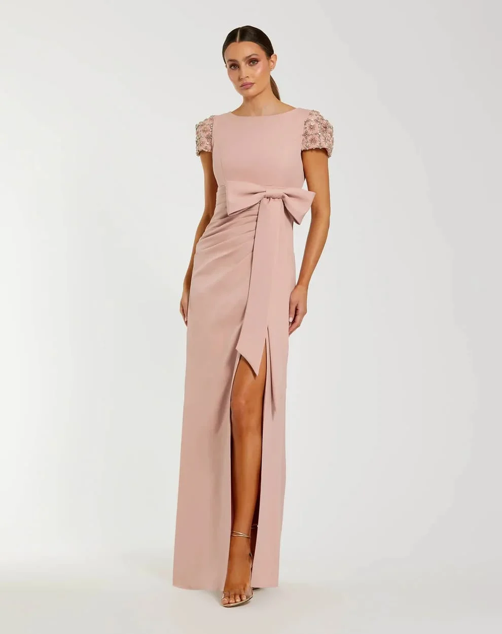 Customized Short Sleeve Mother Of The Bride Dress Beaded Cap Shoulder Bow Ruched Split Floor Length Formal Wedding Guest Gown