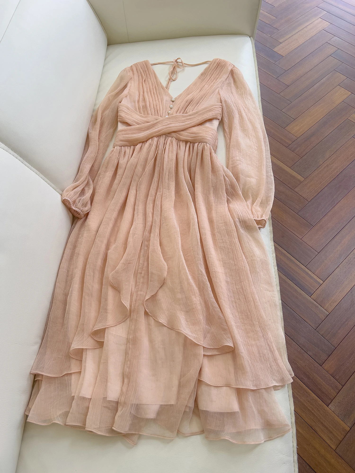 

Ele Pink Chiffon Long Dr with Lantern Sves for Beach Vaion Women's Clothing High Waist A-Line Skirt Polyester Fiber