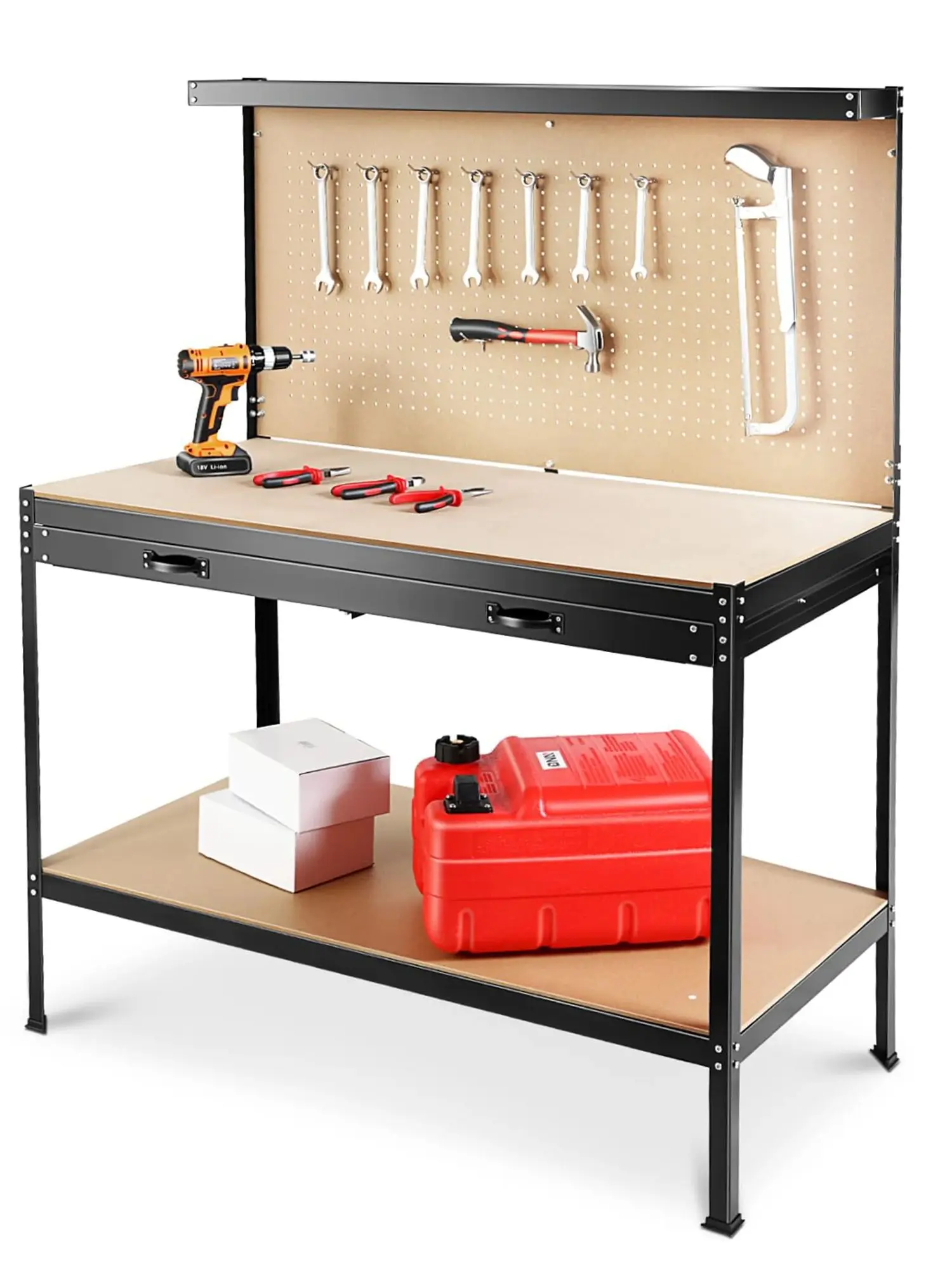 

63" Tools Cabinet Working Tables Workbench Tool Storage Workshop Table with Drawers and Pegboard