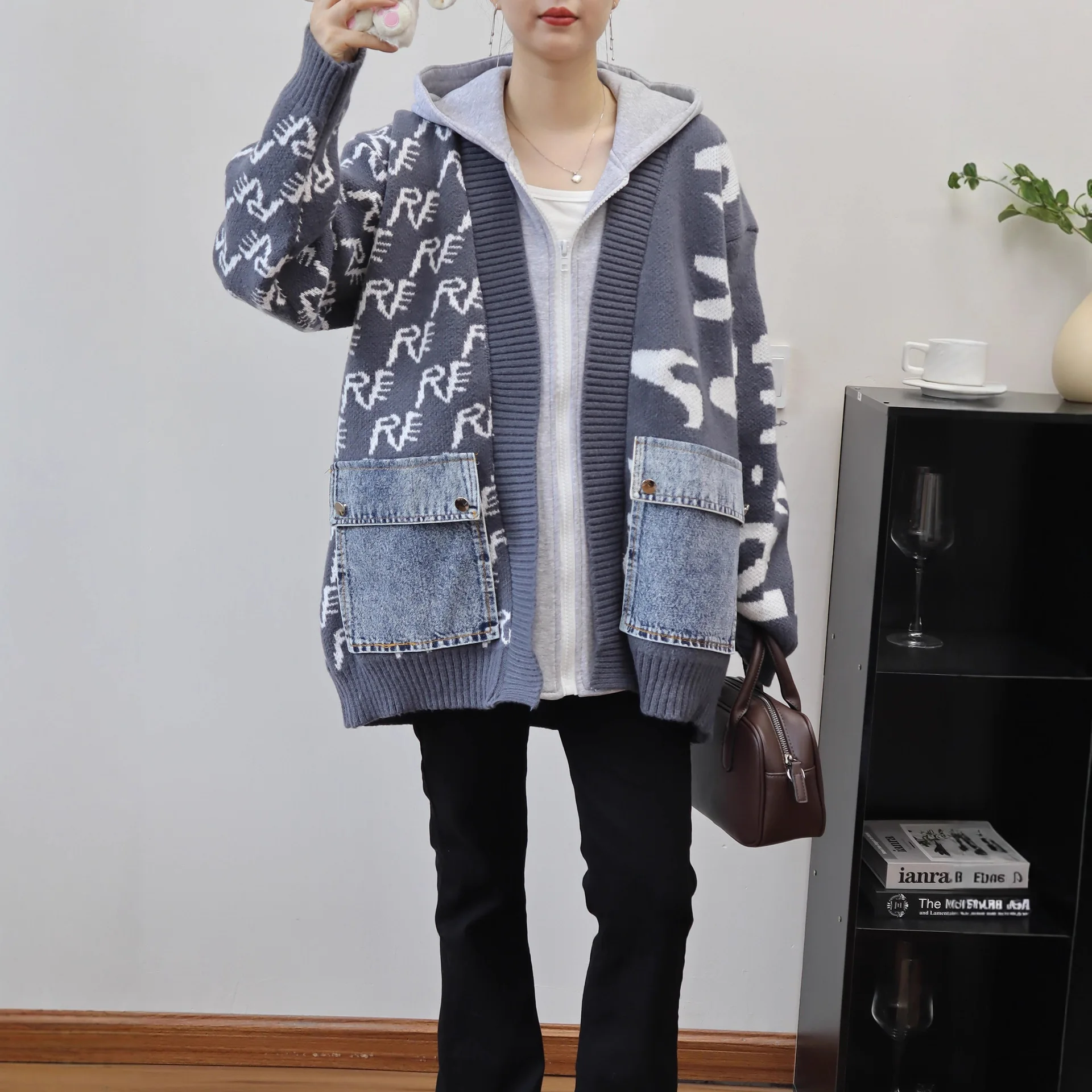 

Women Cardigan Sweaters Coats Hooded Zipper Jackets Casual Loose Jumpers Y2k Streetwear Elegant Knit Open Stith Autumn Winter