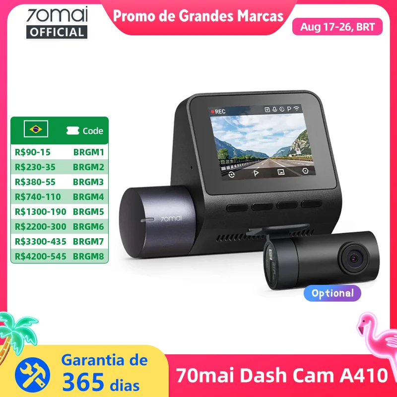 70mai Dash Cam A410 Frente 1440P Traseiro 1080P Carro DVR Atualizado Ver. de 70mai A400 Gravador de carro 24H Suporte para modo de estacionamento máximo 256 GB