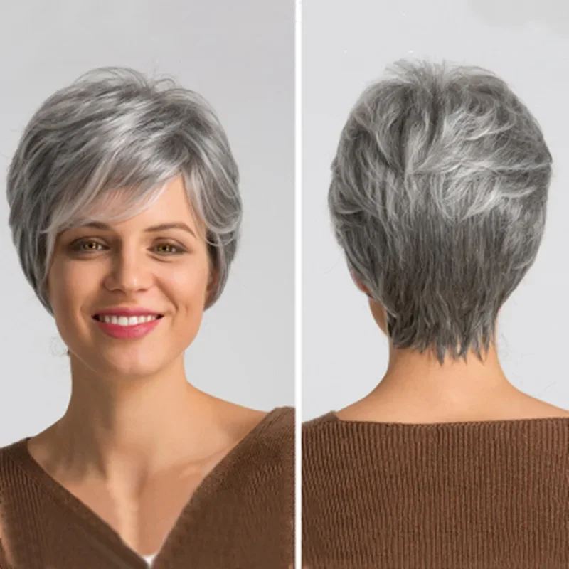 

Short Grey Wigs for White Women Mixed Gray Silver Curly Wigs with Bangs Grandma Synthetic Short Hair Wigs