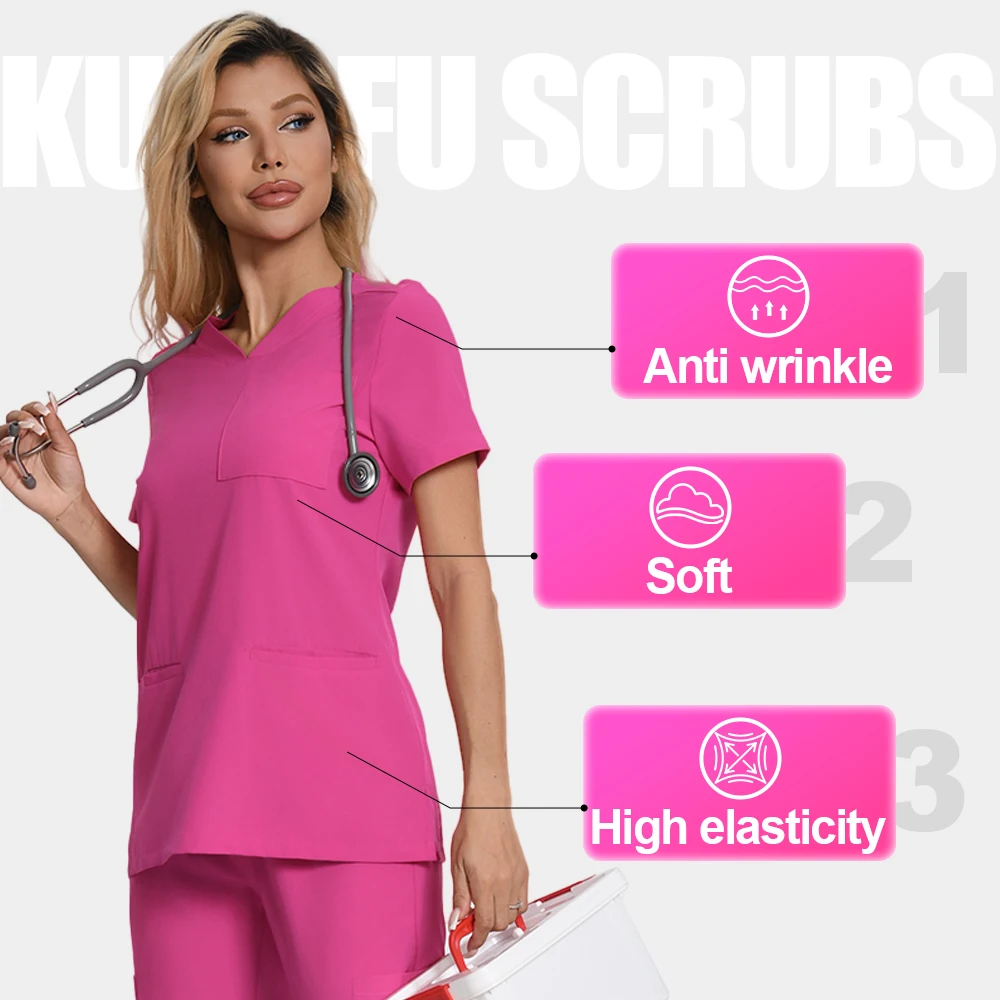 

Комплект медицинской униформы KUNGFU для женщин: топ и брюки-джоггеры с множеством карманов, эластичные, для медсестер и косметологов