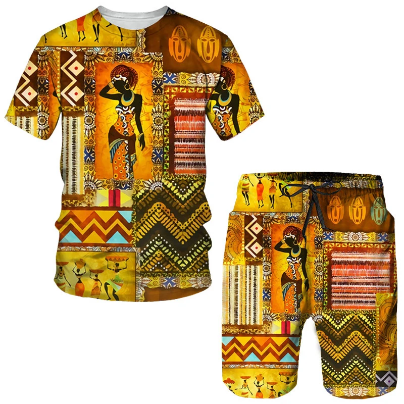 African Girls 3D Print Ethnic Style Kids Sets Fashion T-Shirts Beach Board Shorts Tees Tops Vintage Boys Girls Sportswear Suits