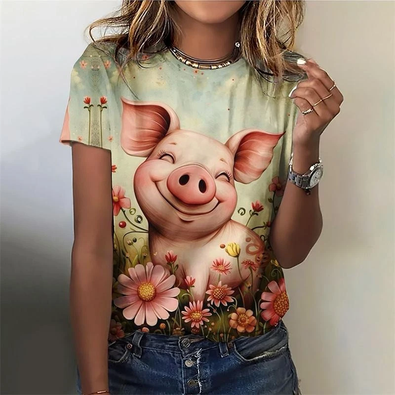

Funny Animal Smile Graphic T-shirt For Women Cute Cartoon Style 3D Print Leisure Street Harajuku Tee Top Y2k Summer Women's Top