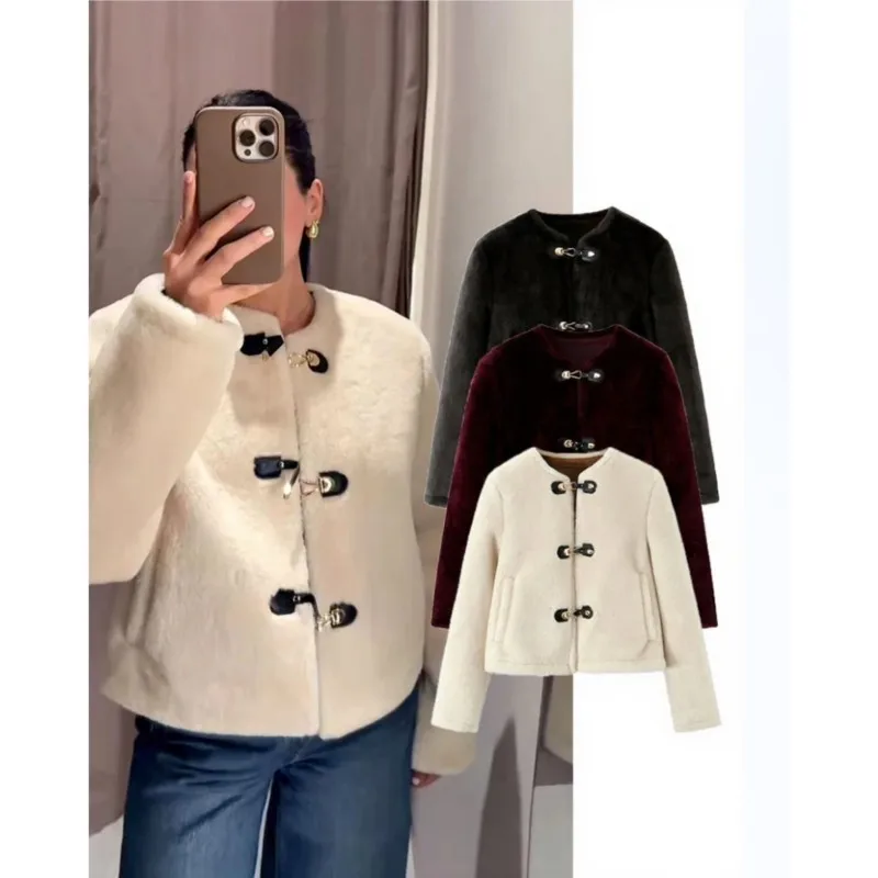 

NERHEFZ двусторонняя куртка с переключателями из искусственного меха, осенняя простая женская короткая куртка с длинным рукавом и круглым вырезом, модные женские пальто