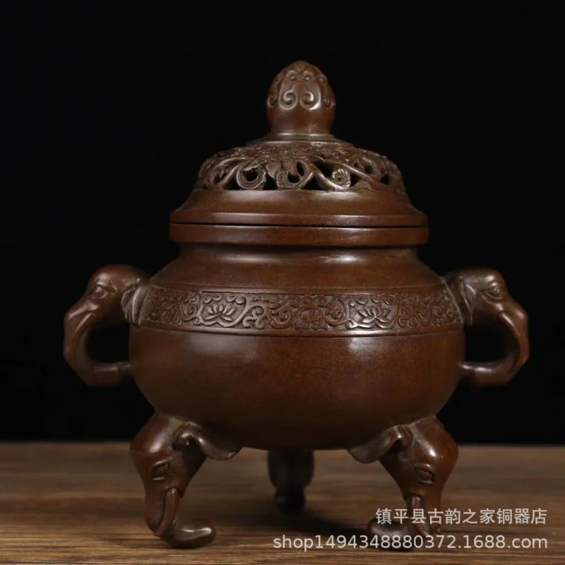 Pure Copper Branch-Wrapped Button Elephant Foot Brass Incense Burner Ornament Office Living Room Shop Study Craft