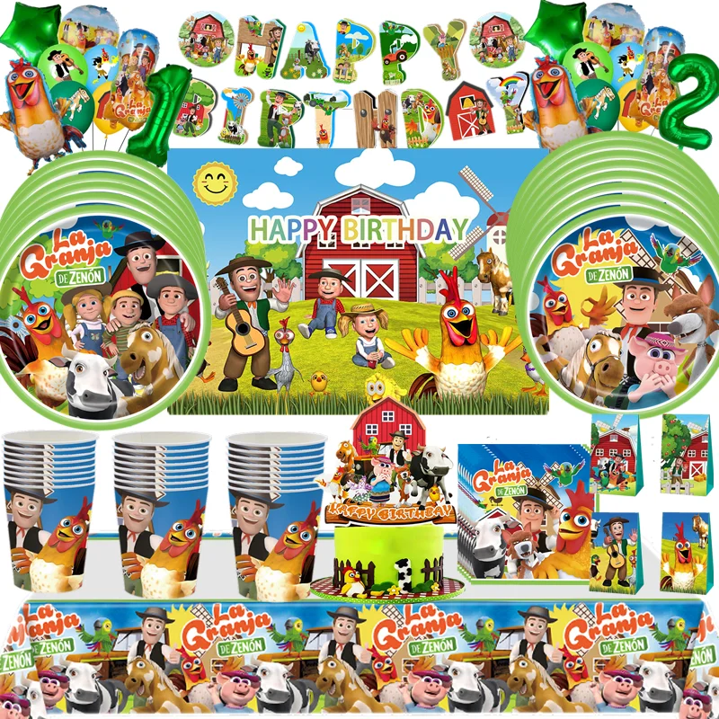 La Granja Zenon granja fiesta de cumpleaños platos de papel taza servilleta mantel globo colgante remolinos Banner decoración de fiesta de cumpleaños