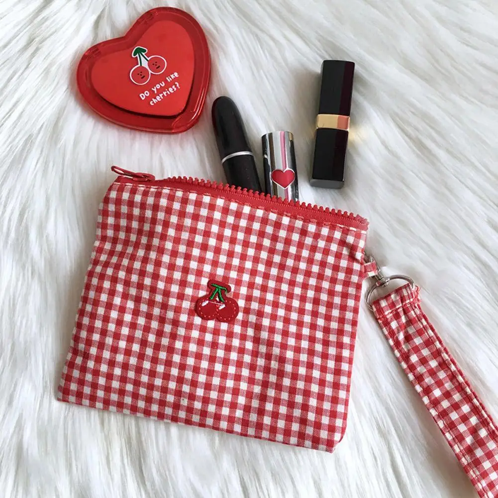 Bolsa de maquillaje de lona con estampado de cereza, bonito organizador de lápiz labial con cierre de cremallera, bolsa cosmética portátil ligera para mujeres y niñas