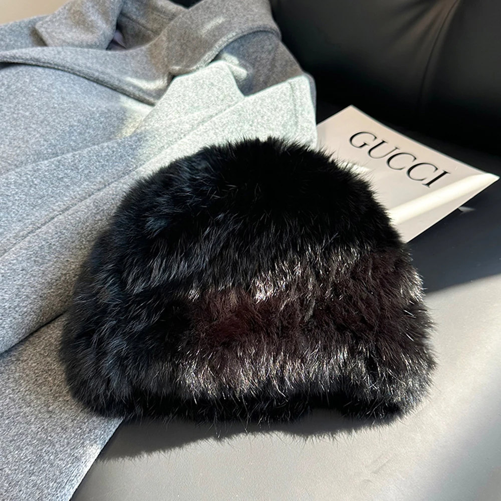 Women Winter Warm Real Rabbit Fur Hat Snow Cap Winter Hats for Women Girls Real Fur Knit Skullies Beanies Natural Fluffy Hat