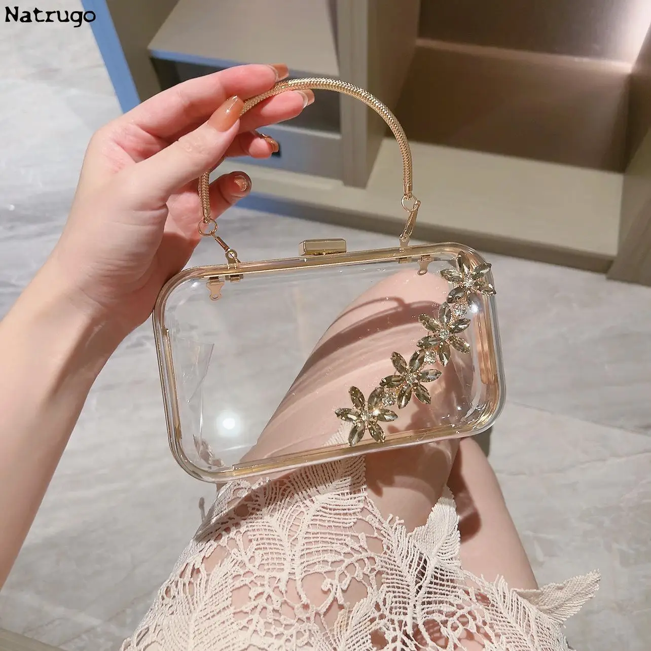 Clear Bag Acrylic Transparent Clutch Chain Box Women Shoulder Bags Hard Day Clutches Bags Wedding Party Evening Purse