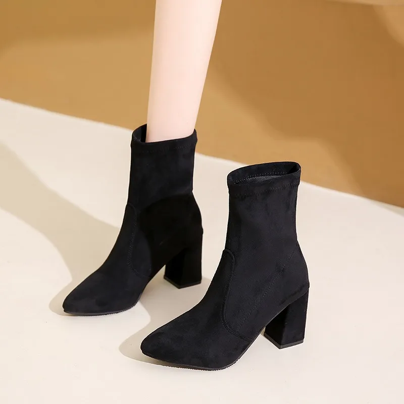 Women Ankle Short Boots Suede Chunky Fashion Mid Heels Shoes Winter Pumps New Trend Casual Cozy Woman Chelsea Botas Mujer