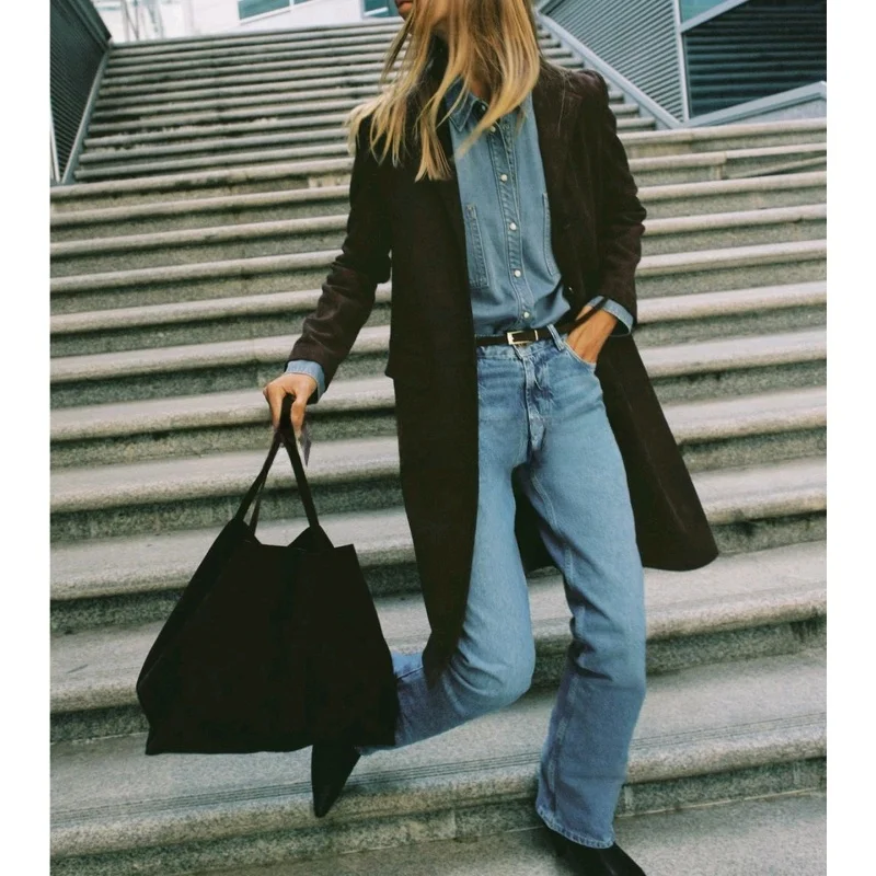 Autunno Donna mat Sle Long Sve Tubo dritto Orlo effetto pelle scamosciata inversa Cappotto Jaet Commute Sle Lunghezza midi Singolo...