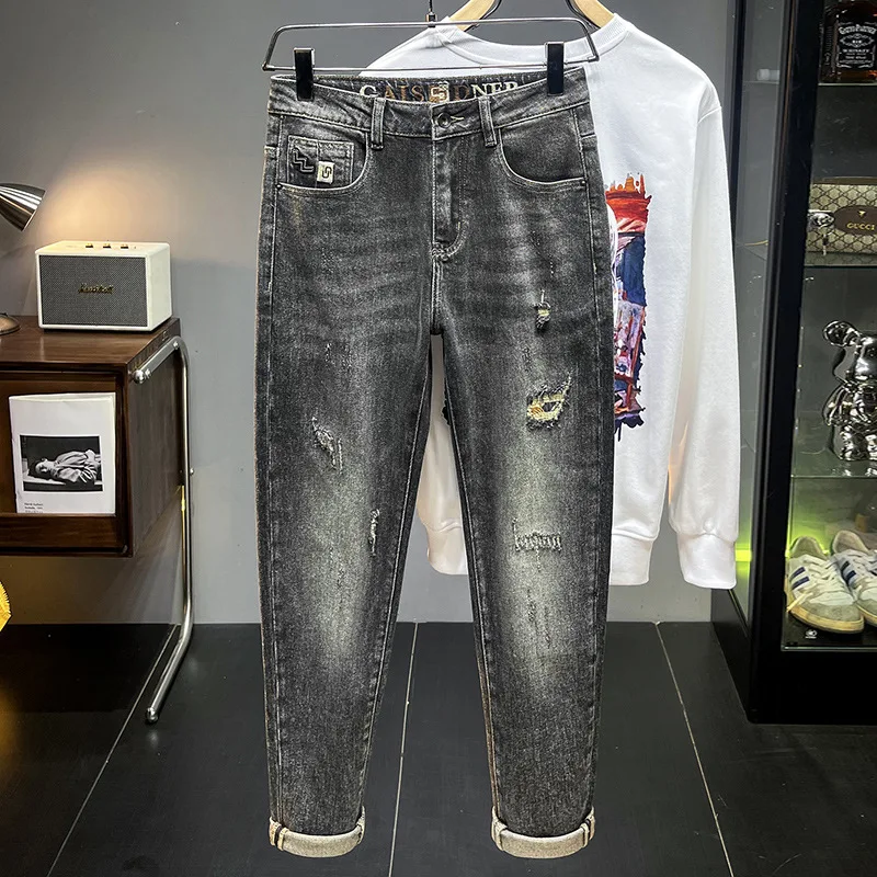 Black gray jeans male hole 2024 new autumn trendy fashion all-match slim fit casual tappered stretch pants