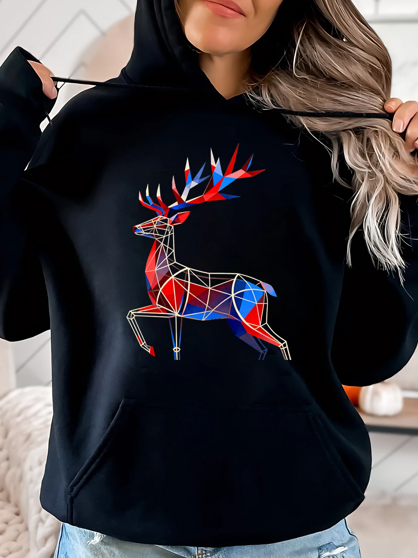 Sweat à capuche de noël imprimé cerf géométrique pour femmes, tenue décontractée, tenue de vacances, noir, grande taille