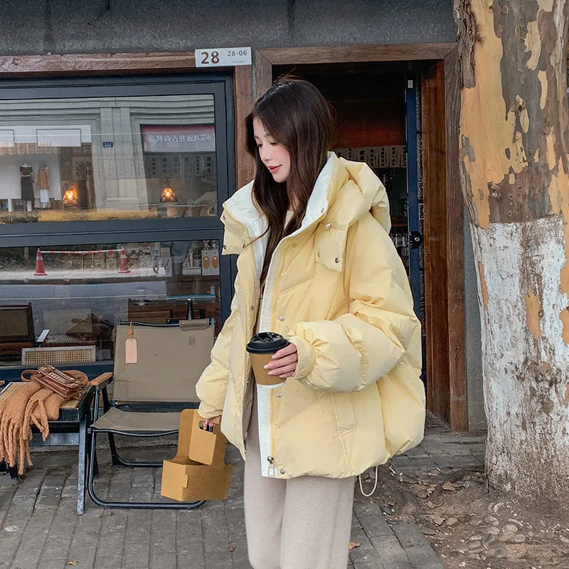 Women's Autumn Winter Top Coat Cotton Coat Hooded Solid Color Short Thickened Fleece Lining Loose Casual Niche Versatile Skinny