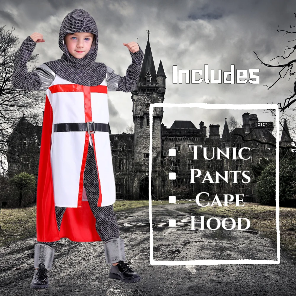 Deluxe Medieval Crusader Templar Knight Cosplay Costume For Kids Outfit Suits Boys Halloween Carnival Party