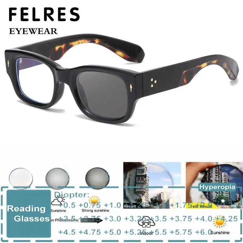 Thick Frame Men Women Square Photochromic Reading Glasses Retro Prescription Glasses Outdoor Color Changing Sunglasses FELRES