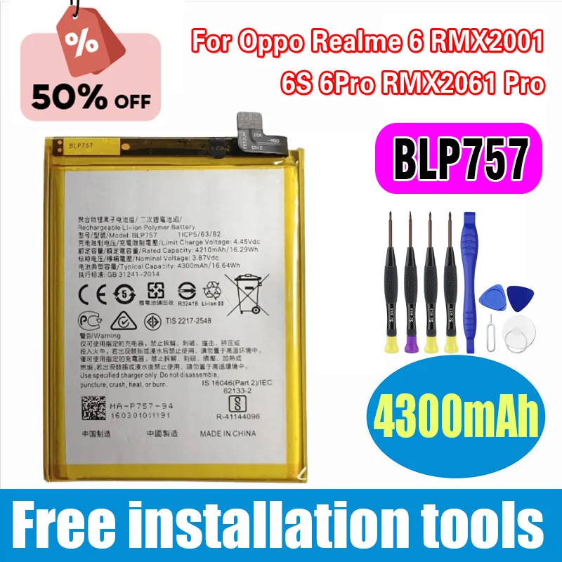 

High-Quality for Oppo Realme 6 RMX2001 6S 6Pro RMX2061 Pro BLP757 4210mAh Mobile Phone Battery