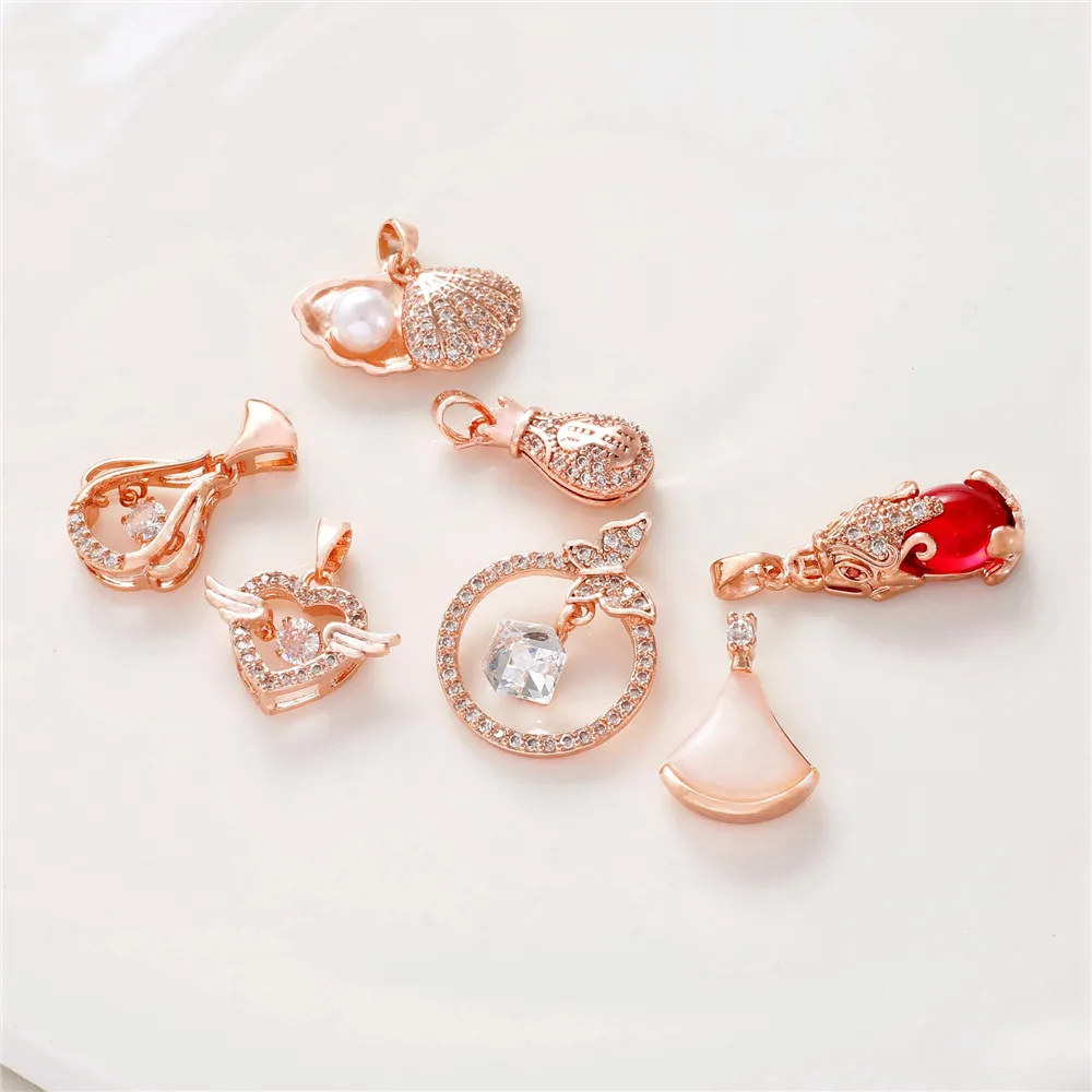 Rose Gold Color Gold Inlaid Zircon Pixiu Money Bag Shell Pearl Pendant DIY Bracelet Necklace Pendant Accessories