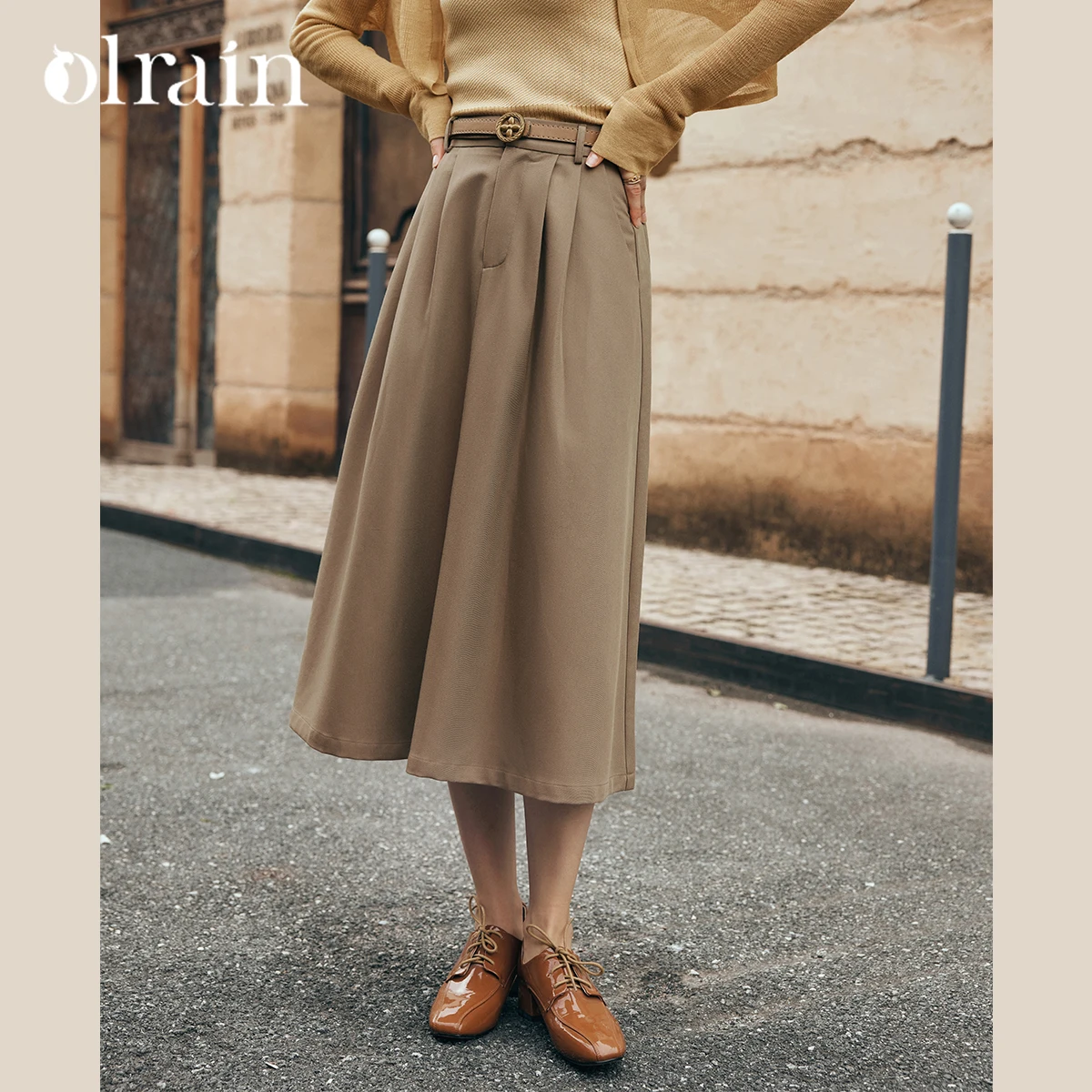 OLrain French Style Khaki Skirts Women 2026 Autumn Office Lady Work Business Folds A-line Elegant Skirt Lady O23QB83505