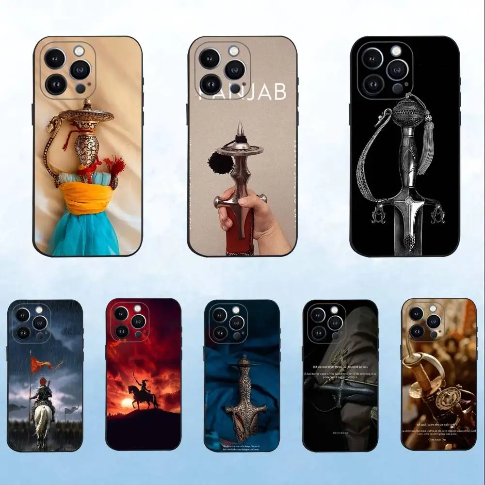 

P-Punjab K-Kirpan Art Phone Case For iPhone 16,15,14,13,12,11 Plus,Pro Max,XS,X,XR,SE,Mini,8,7,Soft Silicone Black Cover