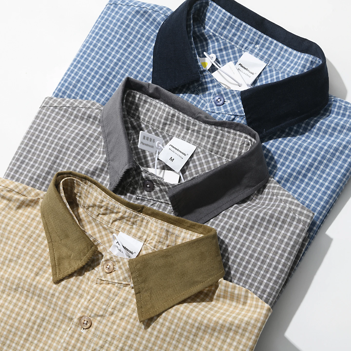 

American Barn Style Contrast Color Detachable Collar Summer Men's Plaid Short Sleeve Loose Fit Stand Collar Shirt Cotton Casu...